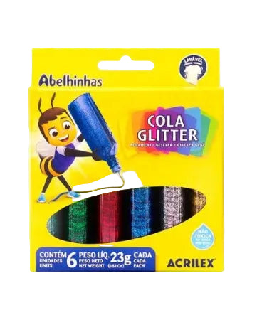 Cola Glitter Acrilex, com 6 cores vibrantes
