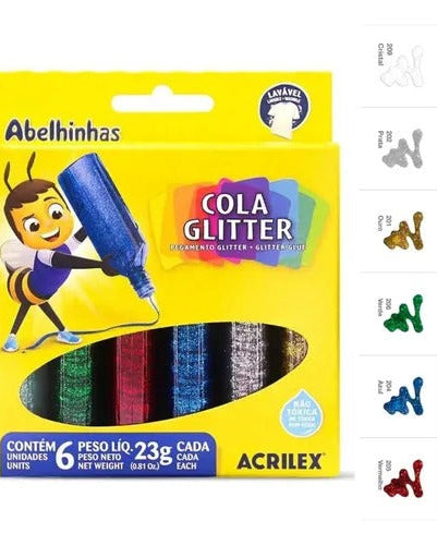 Cola Glitter Acrilex, com 6 cores vibrantes